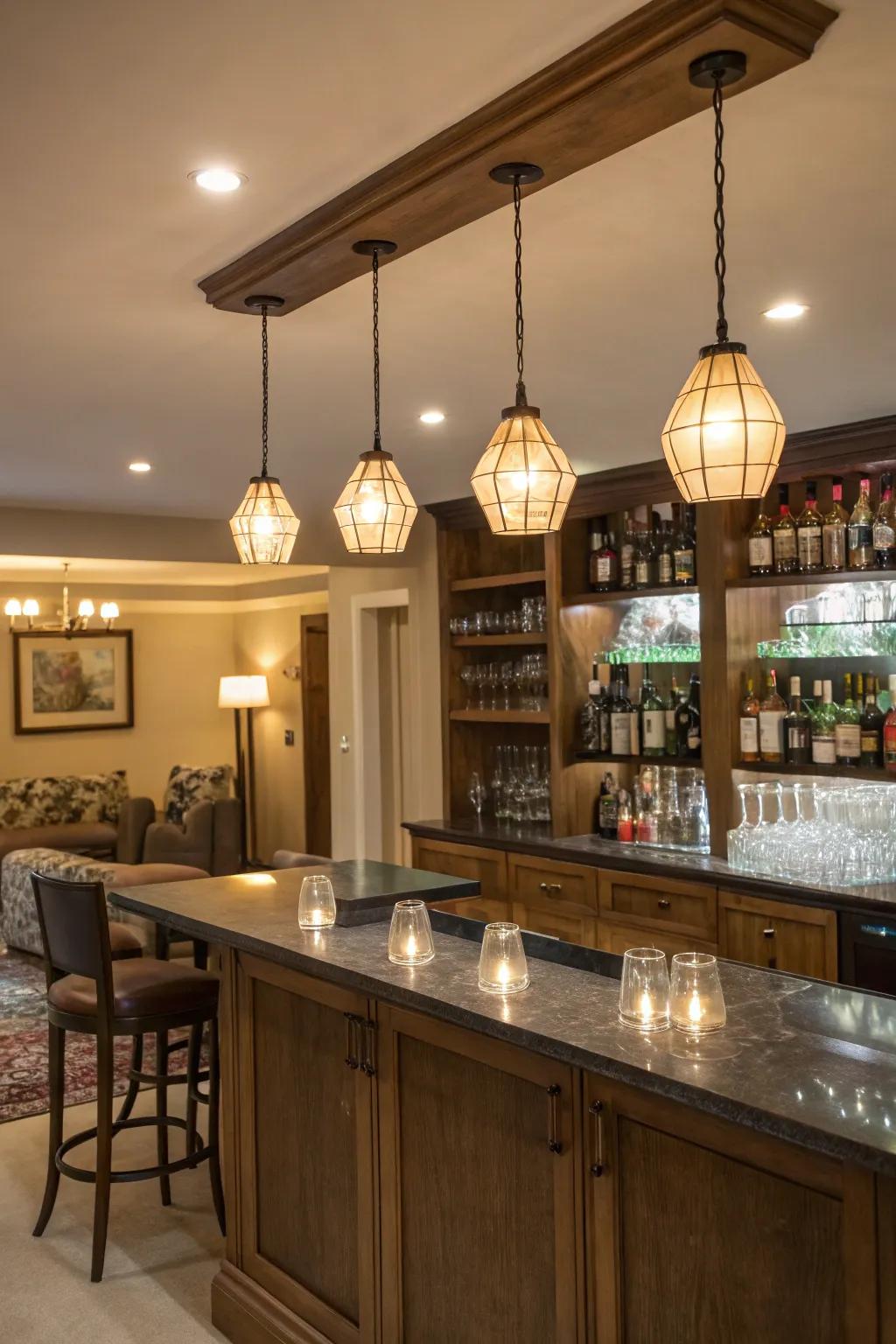 Thoughtful lighting enriches the atmosphere of this modern bar.