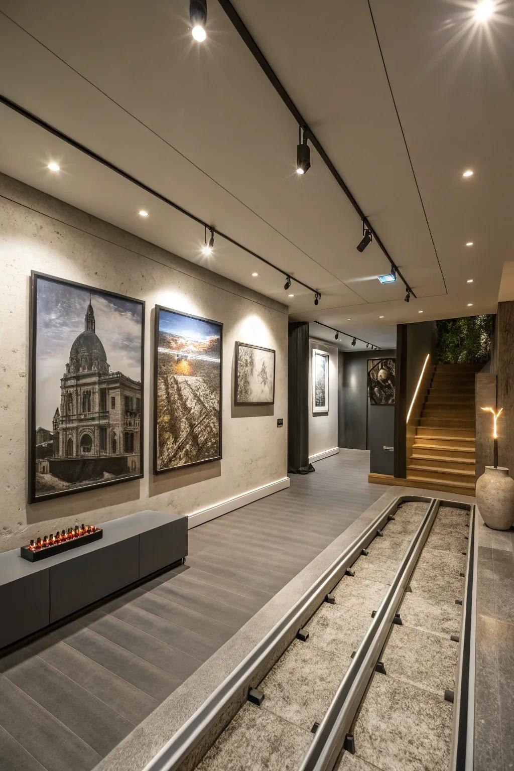 Rail lighting adds precision and flexibility, enhancing the architectural beauty of the basement.