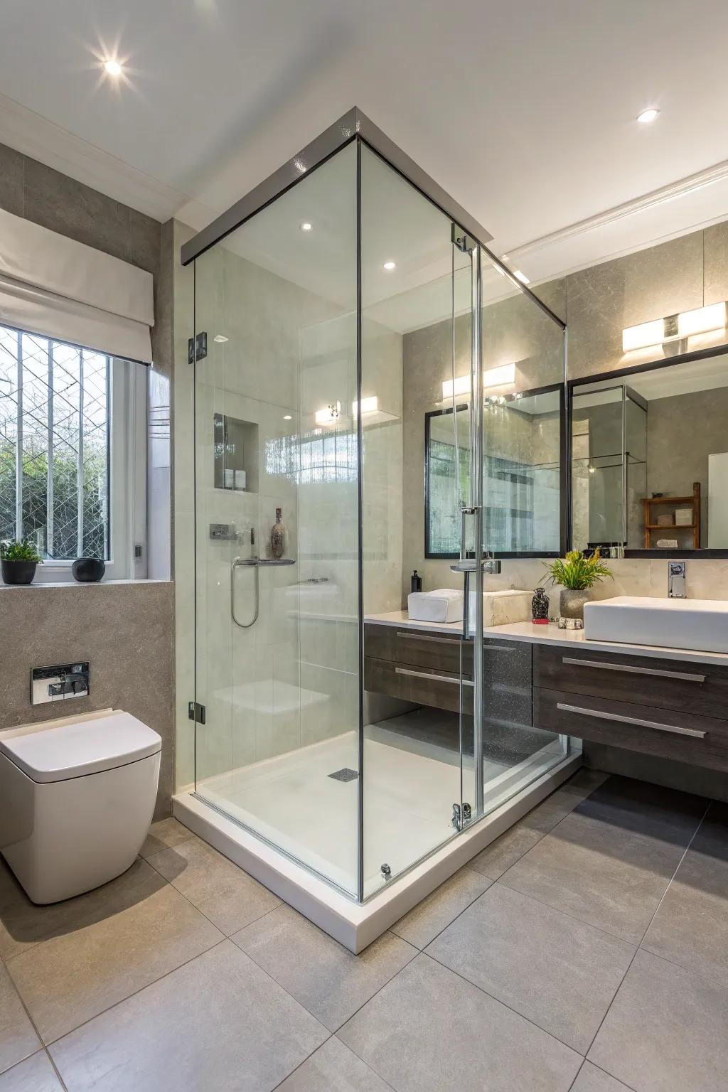 A frameless glass shower enclosure improves the contemporary sensation of the bathroom.