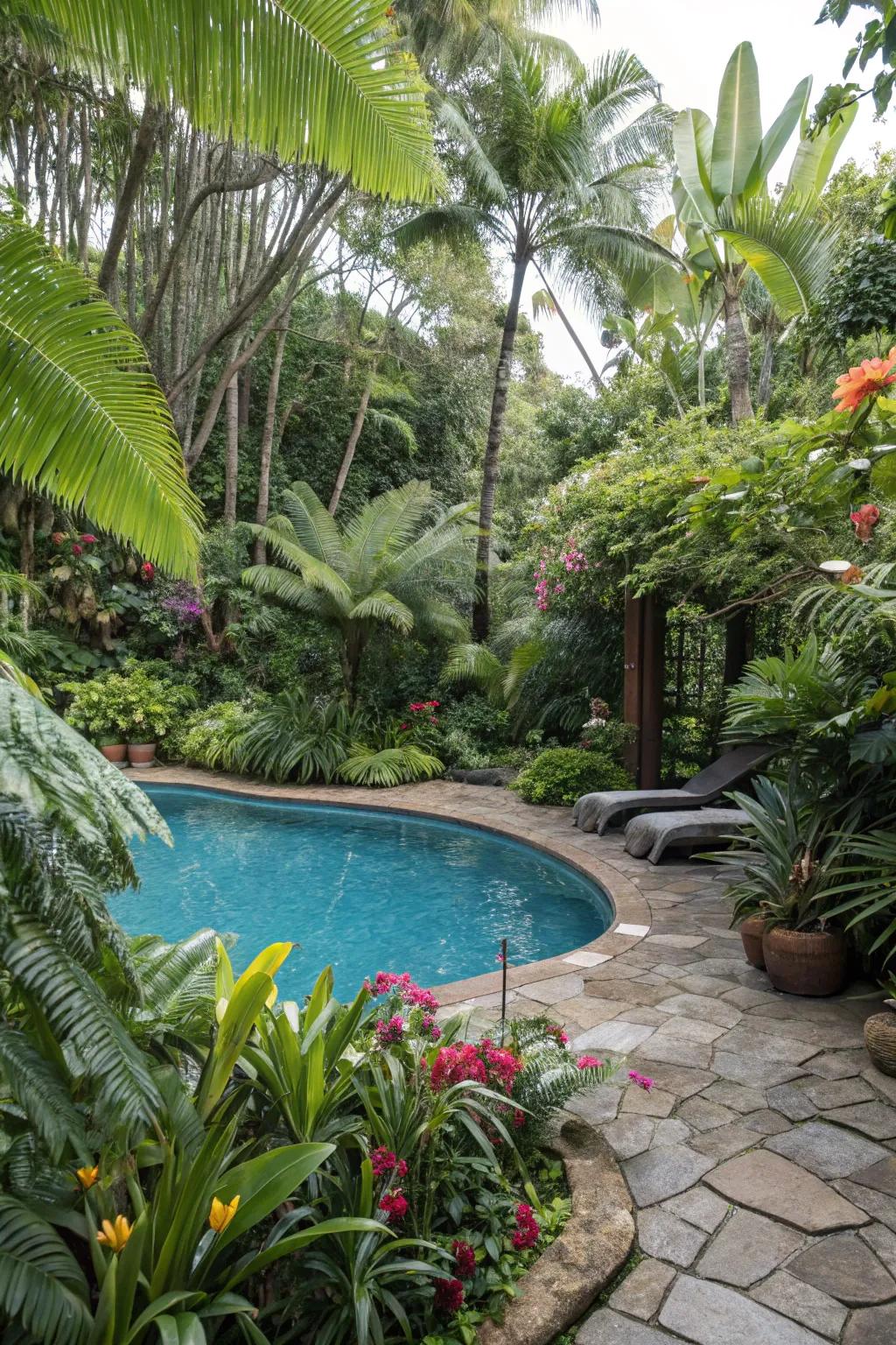 The ambiance of a holiday resort is conveyed to your backyard pool through the presence of tropical flora.