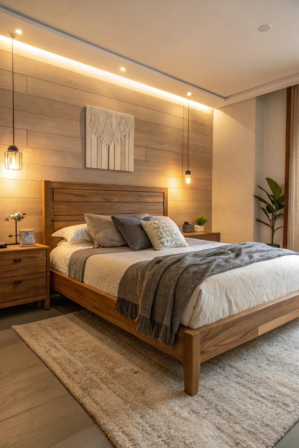 Wooden elements deliver coziness and natural beauty to your bedroom.