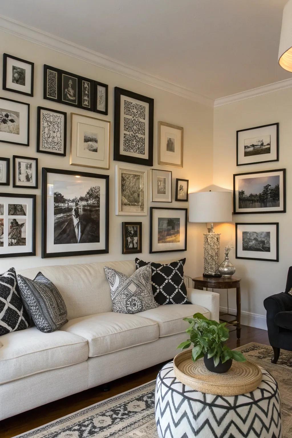 A single-color gallery display gives character and depth to the room.