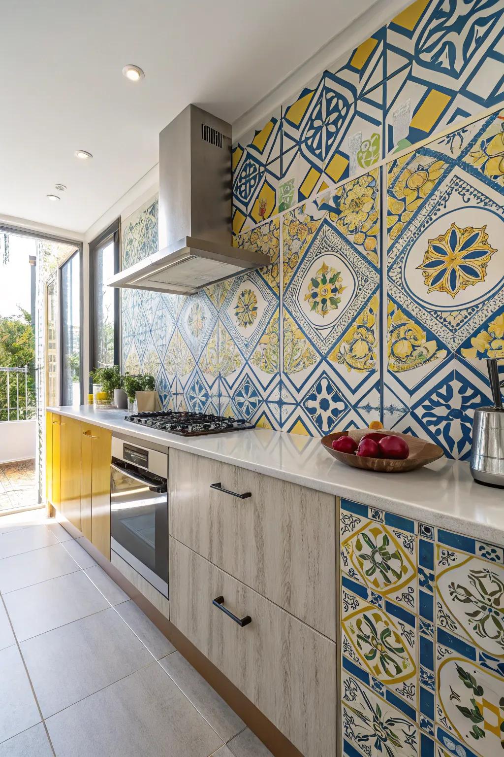 Geometric tiles fashion a captivating focal point in this kitchen.