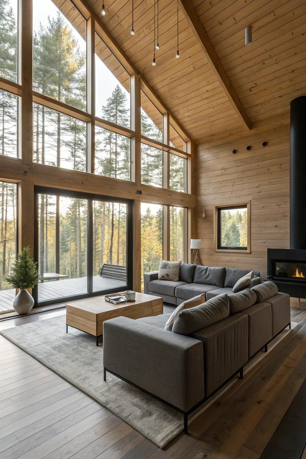Modern furniture elevates the contemporary atmosphere in a cabin environment.
