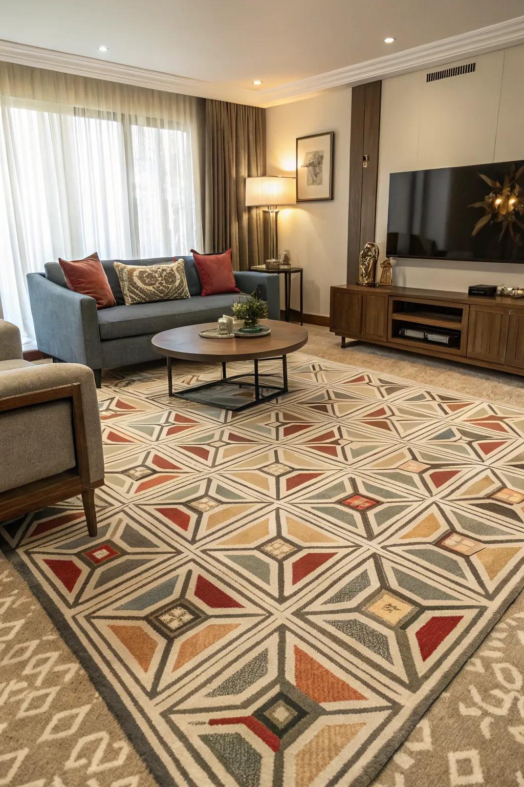 Modern lounge featuring a geometric pattern carpet introducing visual intrigue
