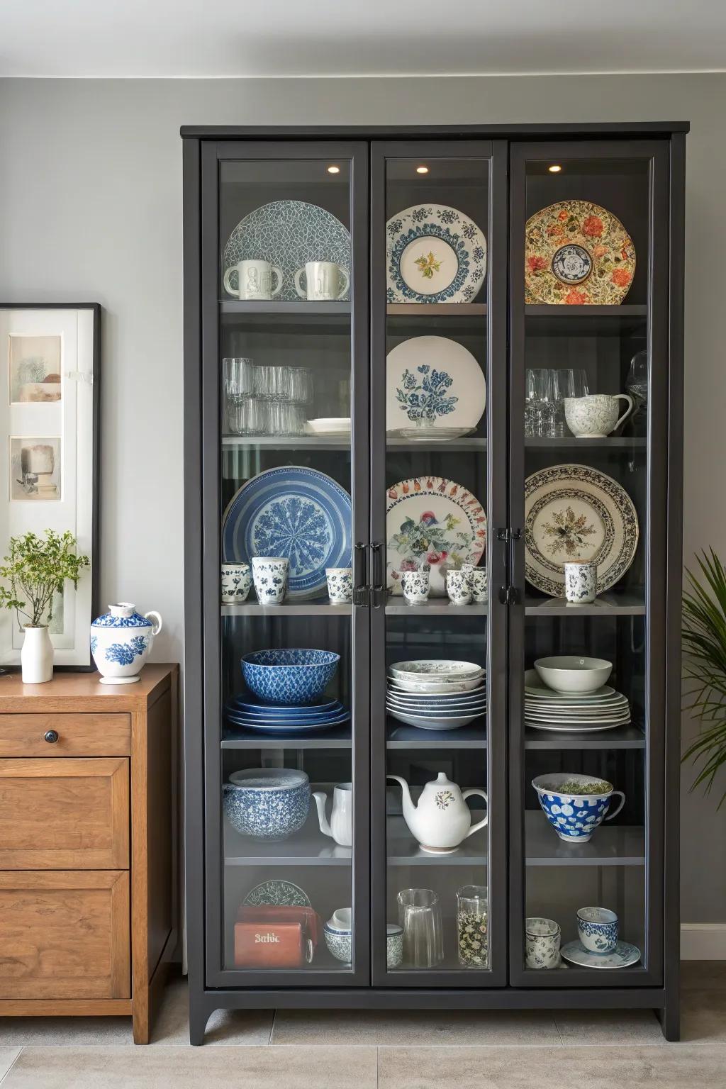 A balanced mix of traditional and contemporary elements in a display cabinet.