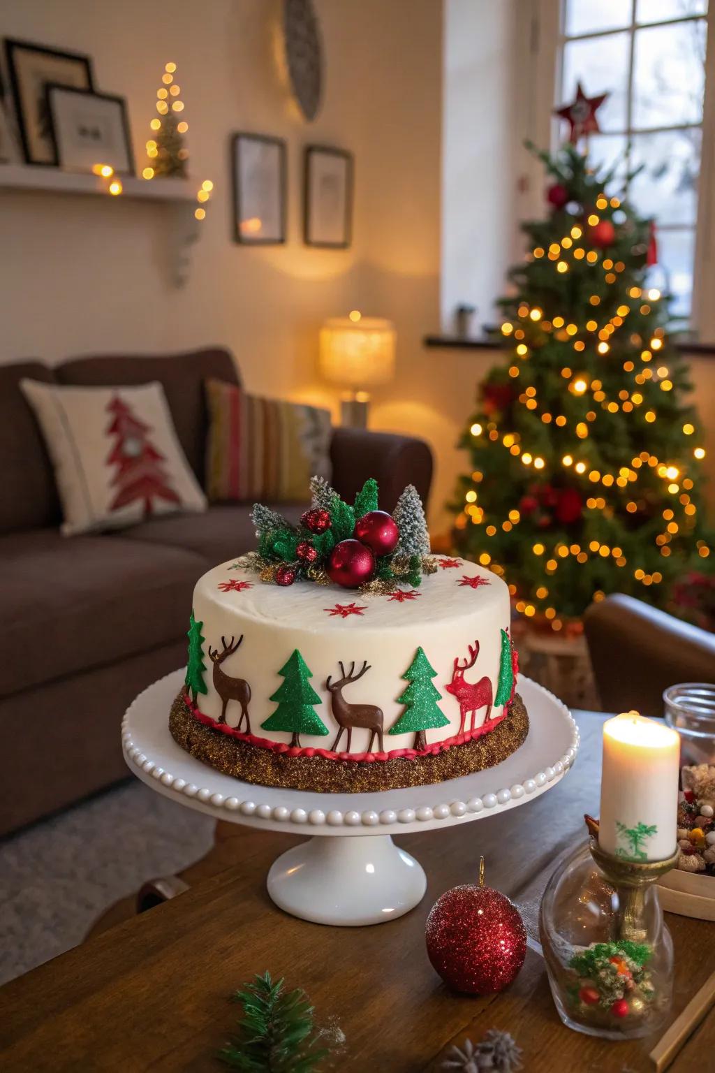 Christmas cake featuring celebratory reindeer and trees