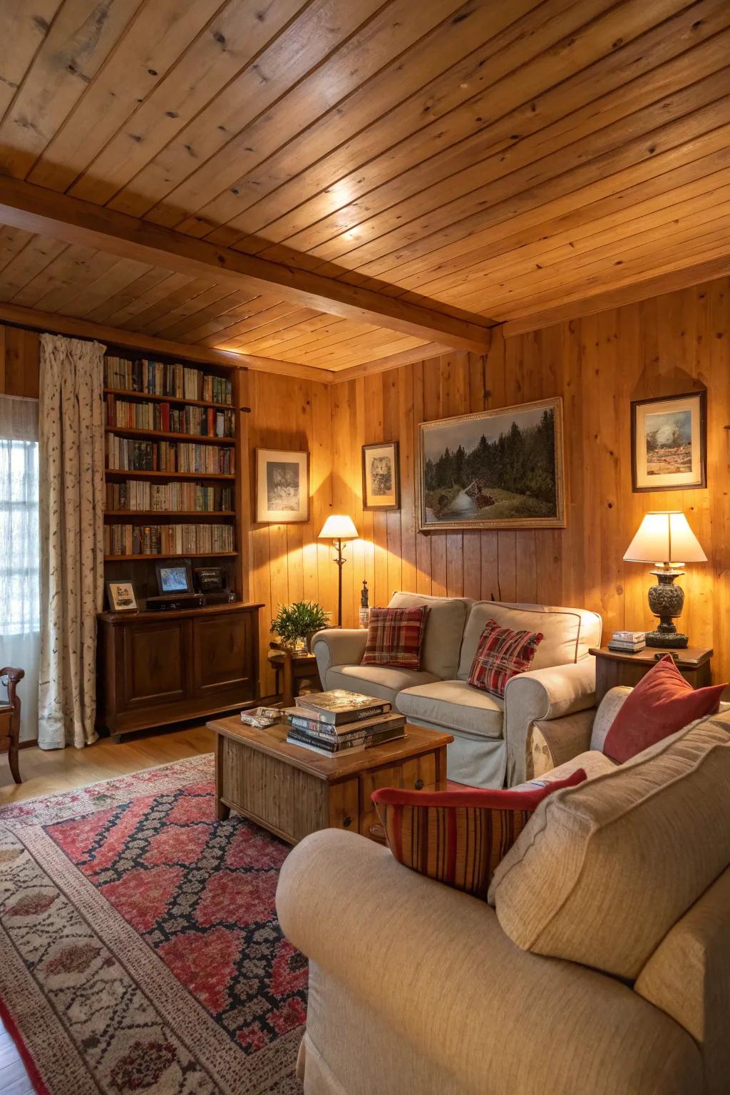Wood layering infuses warmth alongside a natural sensation.