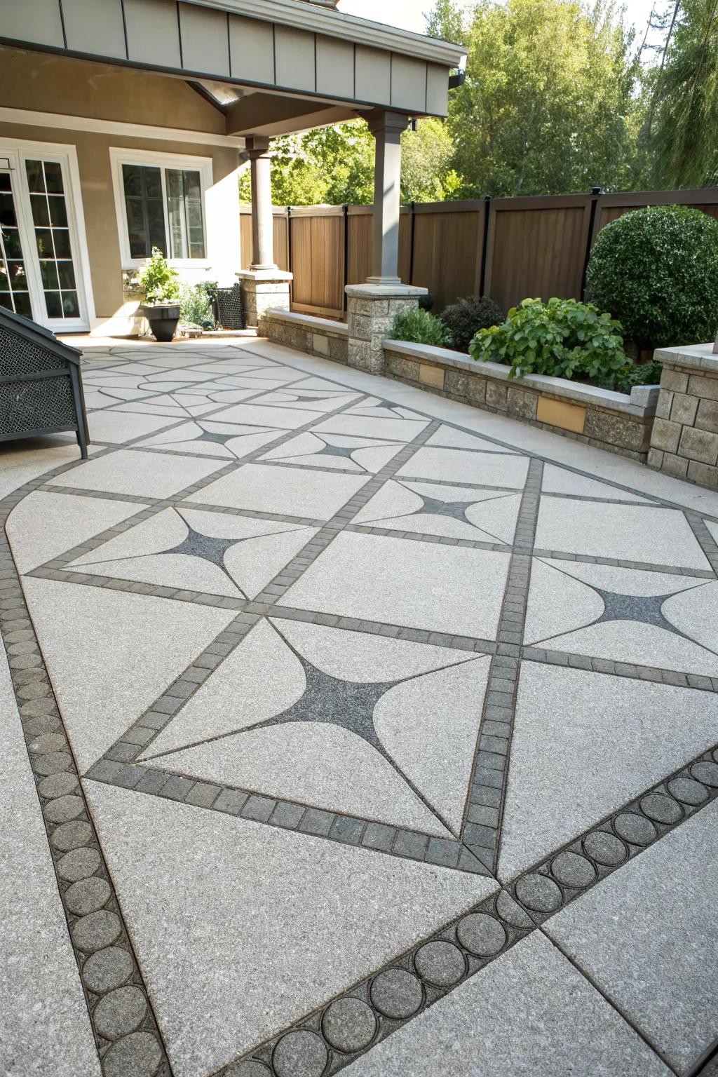 A patio featuring a striking geometric design in the stone arrangement.