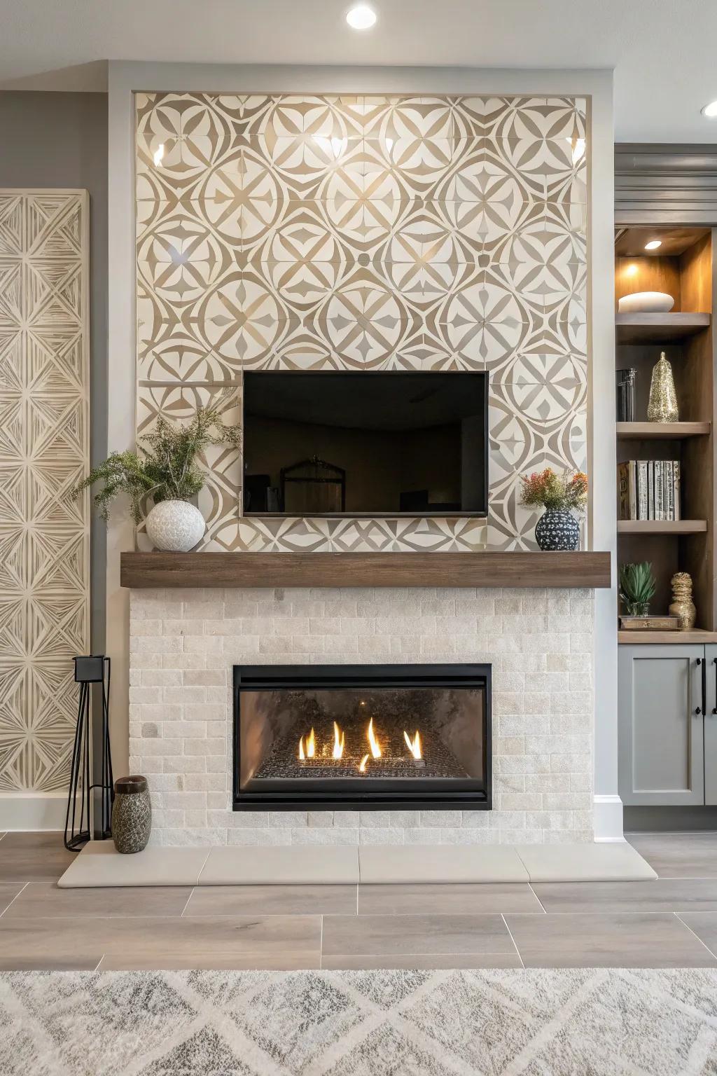 Geometric patterns infuse a modern allure into your fireplace.
