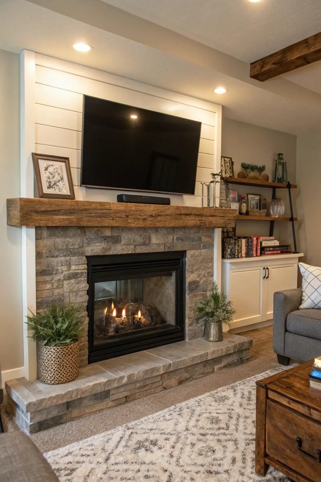 A natural wood decoration infuses warmth into a contemporary fireplace and TV configuration.
