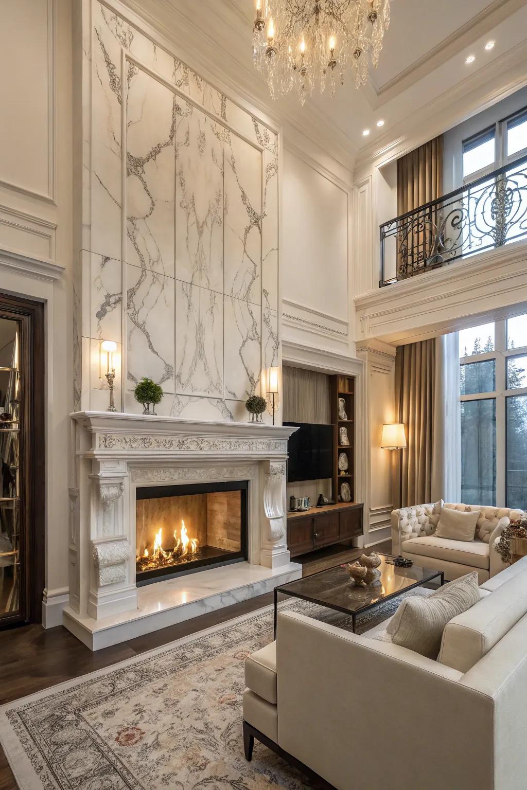 Luxurious marble tiled fireplace.
