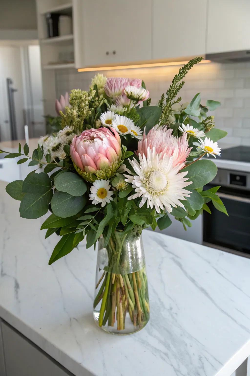 A varied bouquet with an assortment of blooms adding richness and tactile interest.