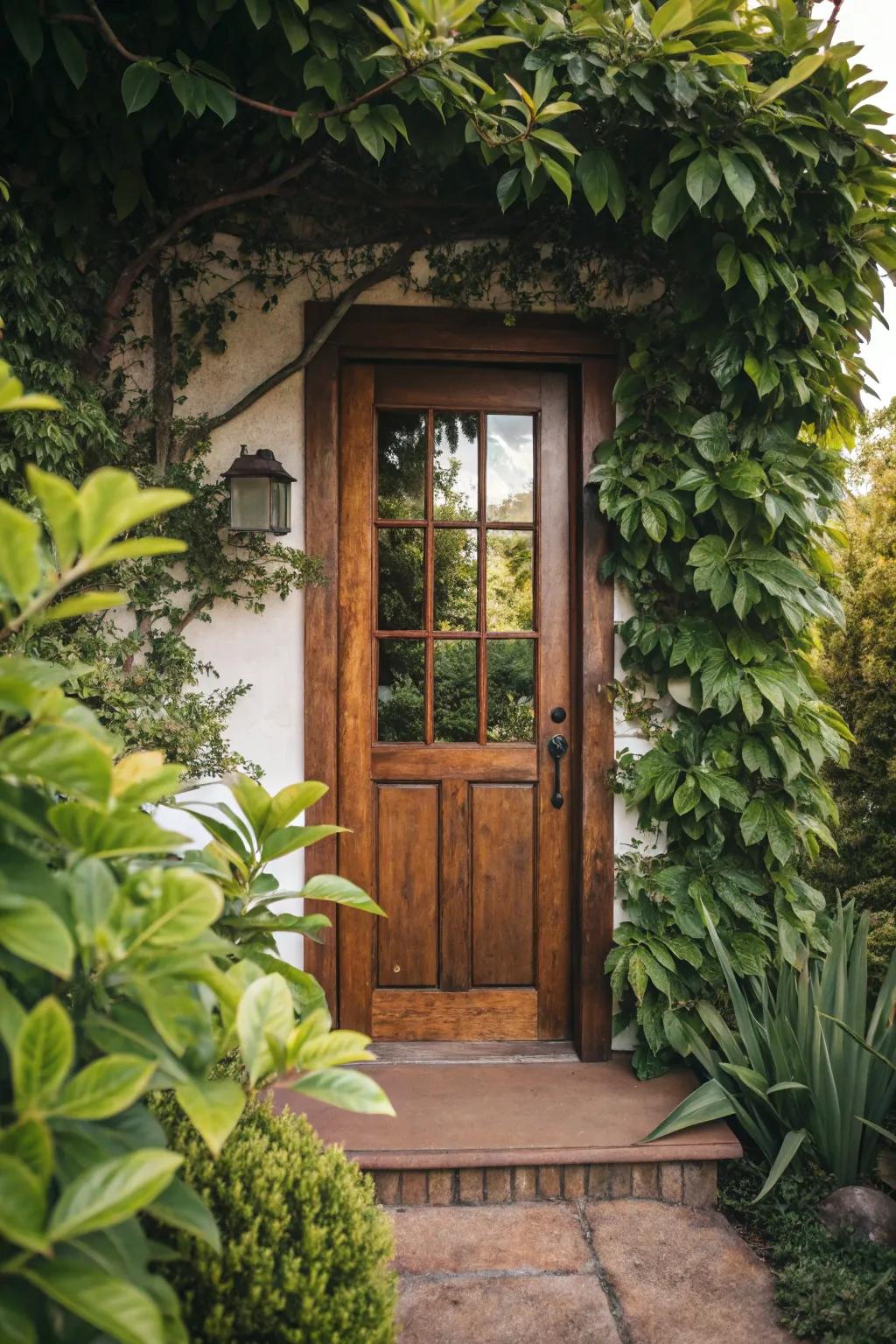 Organic timber surfaces offer a comforting and inviting doorway.