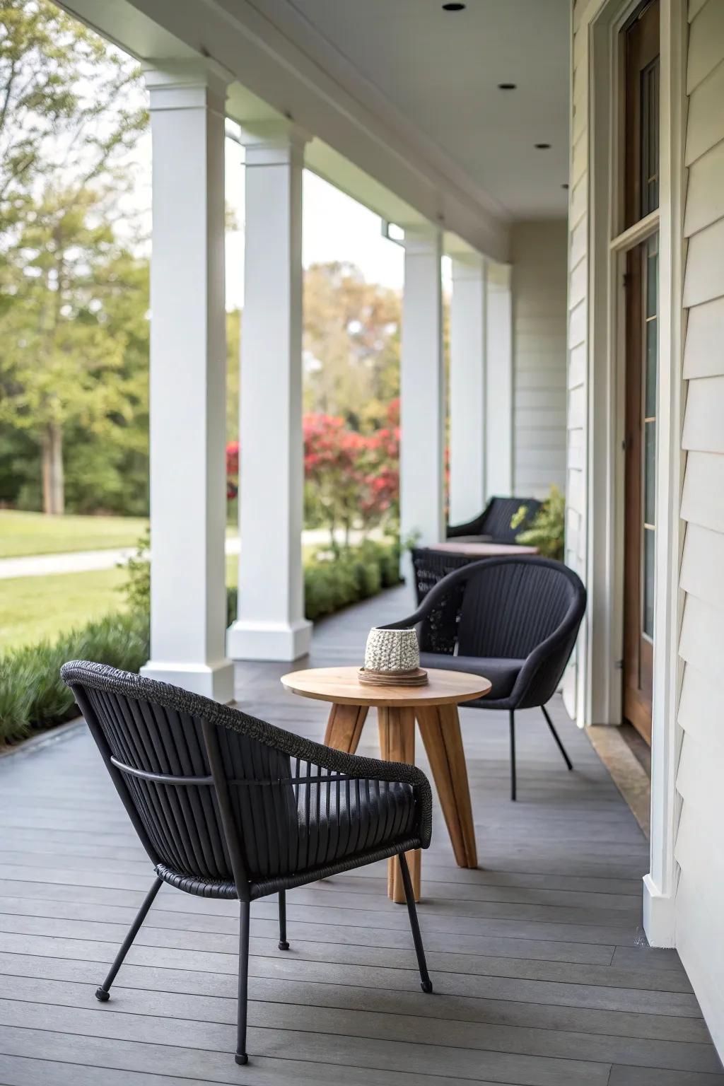 Elegant furniture elevates the aesthetic of a modern porch.