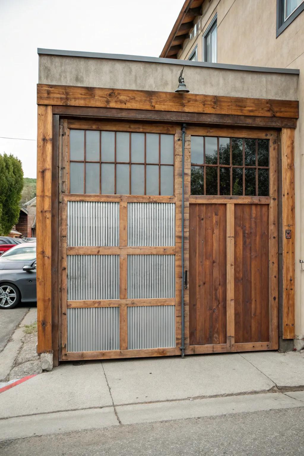 A mix of wood and metal fashions a rich and appealing garage door.