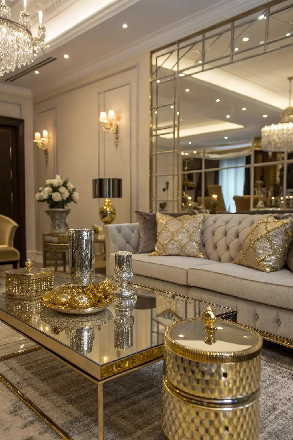 Mirrored surfaces enhance the opulence of the gold and silver decor.