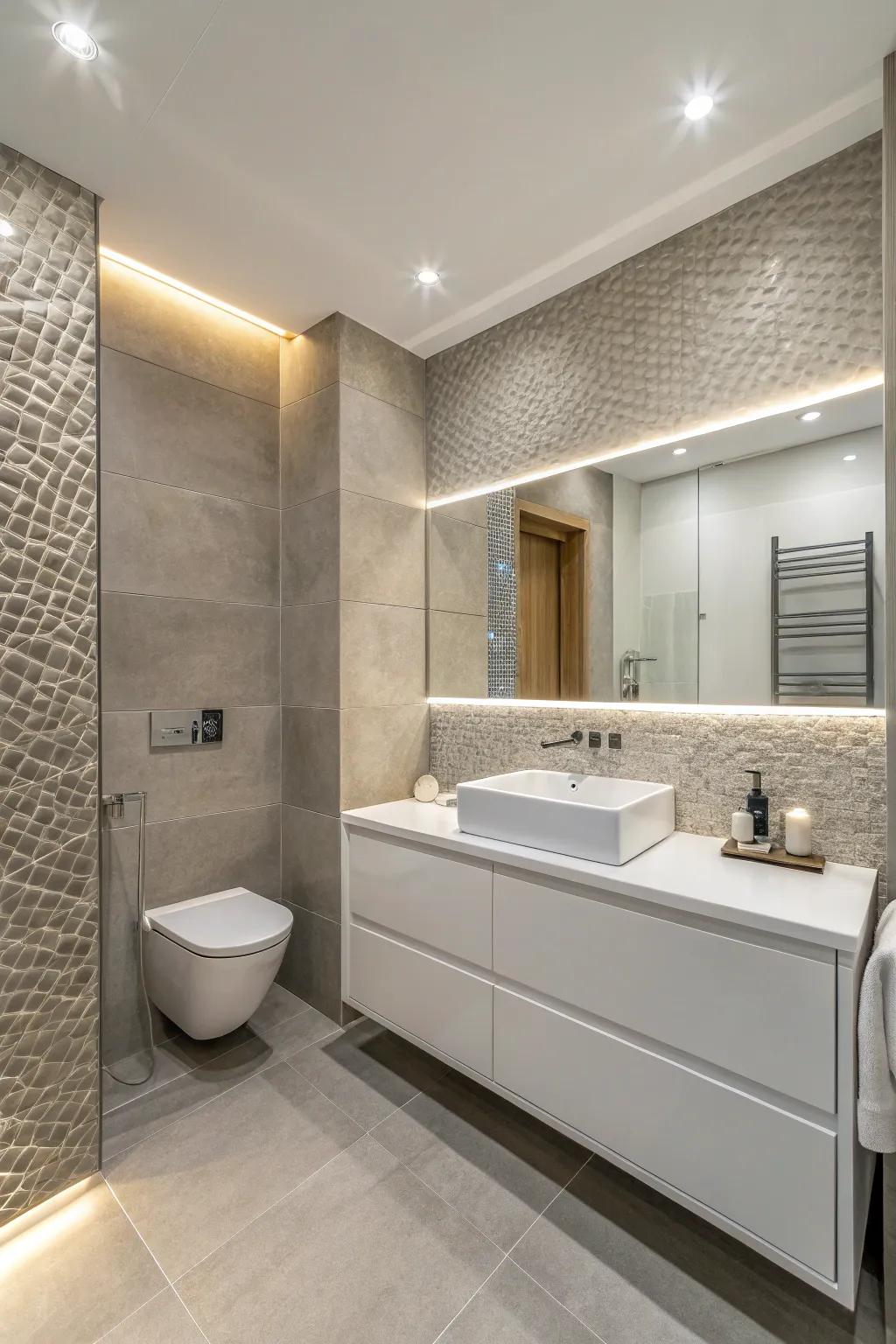 Texture variations enhance the depth and dimension of a contemporary bathroom.