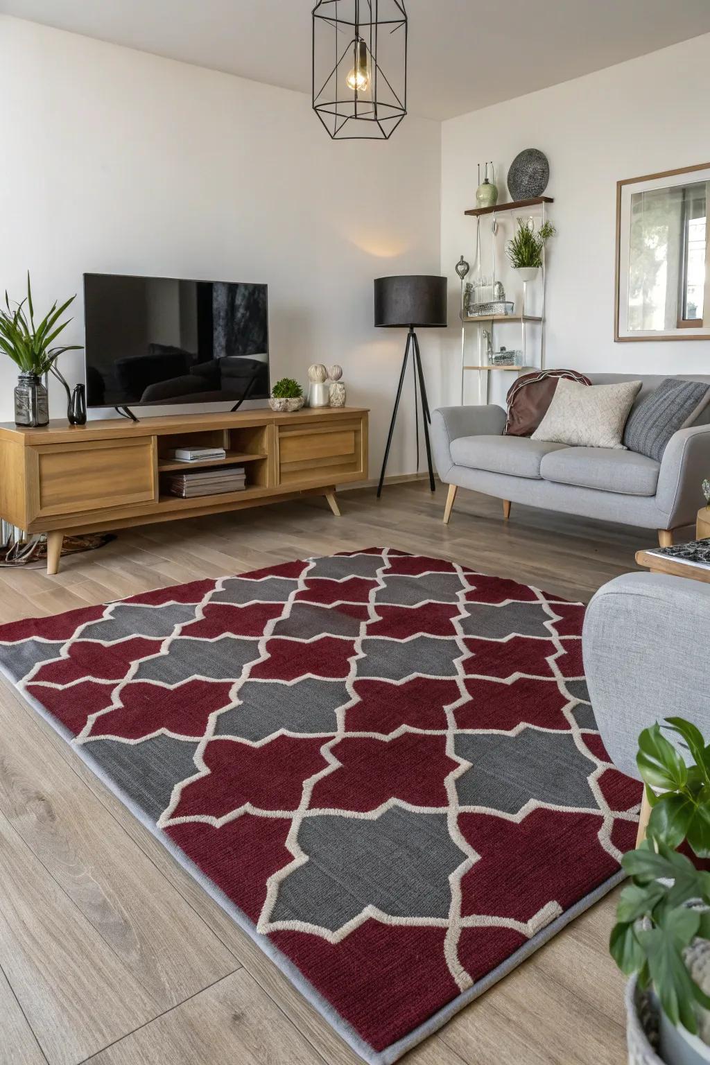 Living area featuring a carmine and neutral toned patterned floor covering and modern décor.