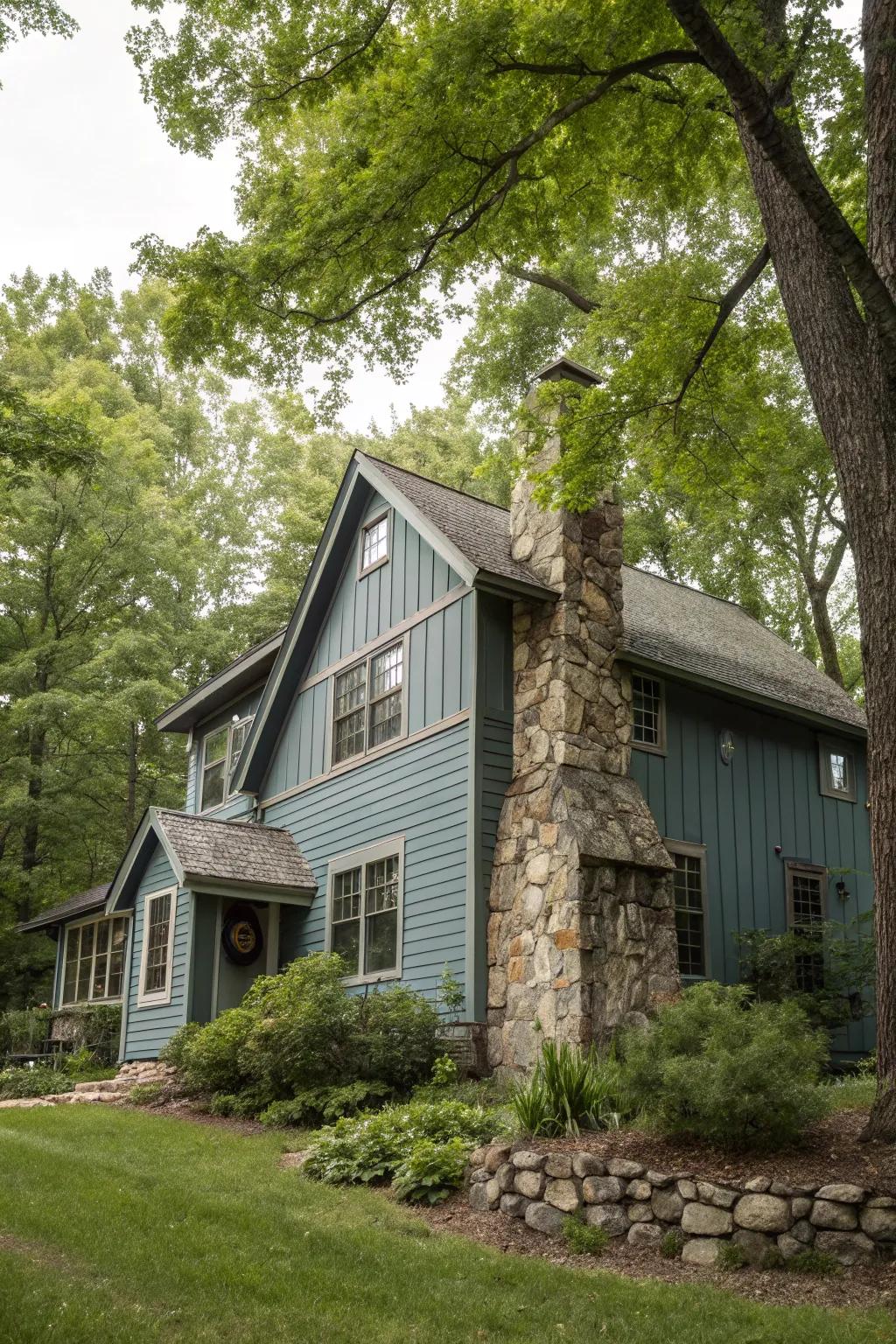 Airforce grey and stone features create a calm, natural ambiance.