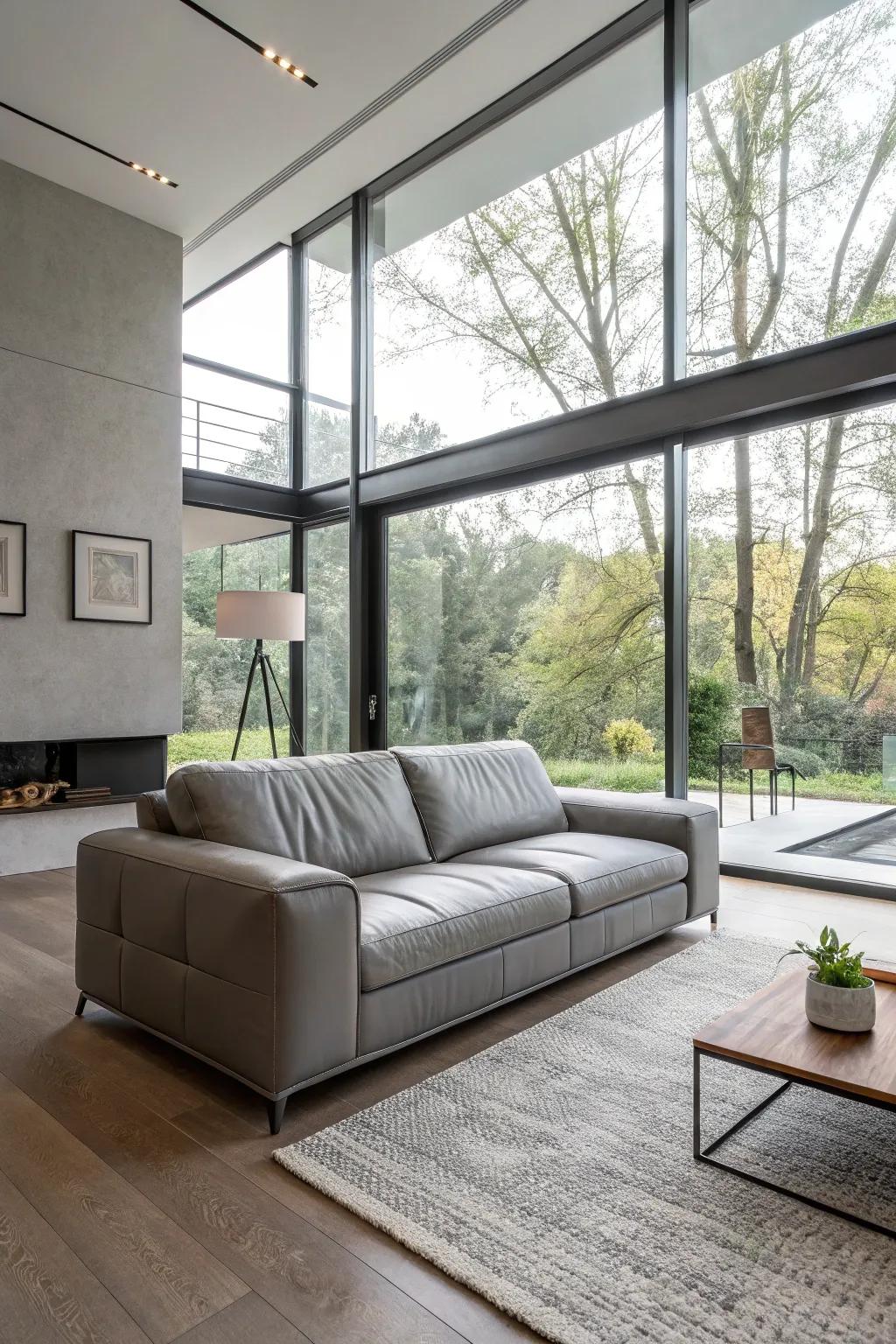 Sunlight brightening a contemporary lounge featuring a grey hide settee.