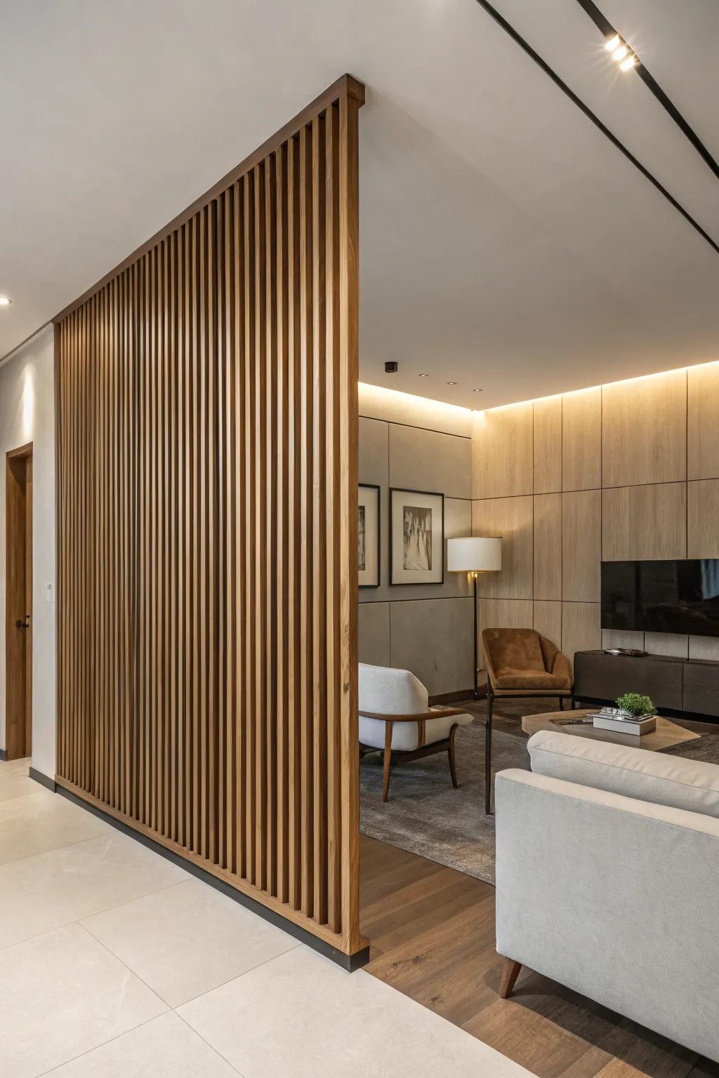 Vertical wood panels on a half wall generate an impressive visual impact.