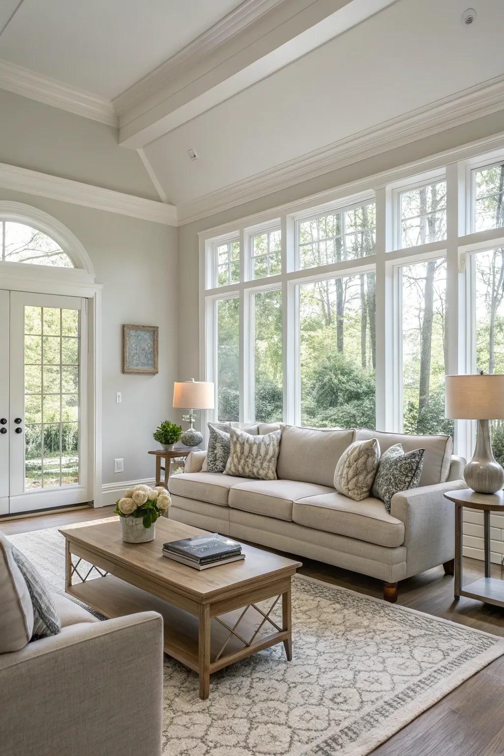 A modern living room designed with a palette of neutral colors.