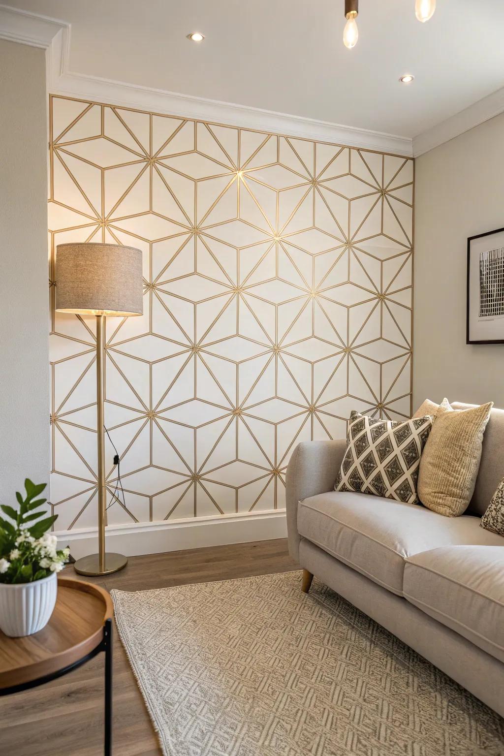 Geometric wall patterns bring a modern sensibility to the simple living room.