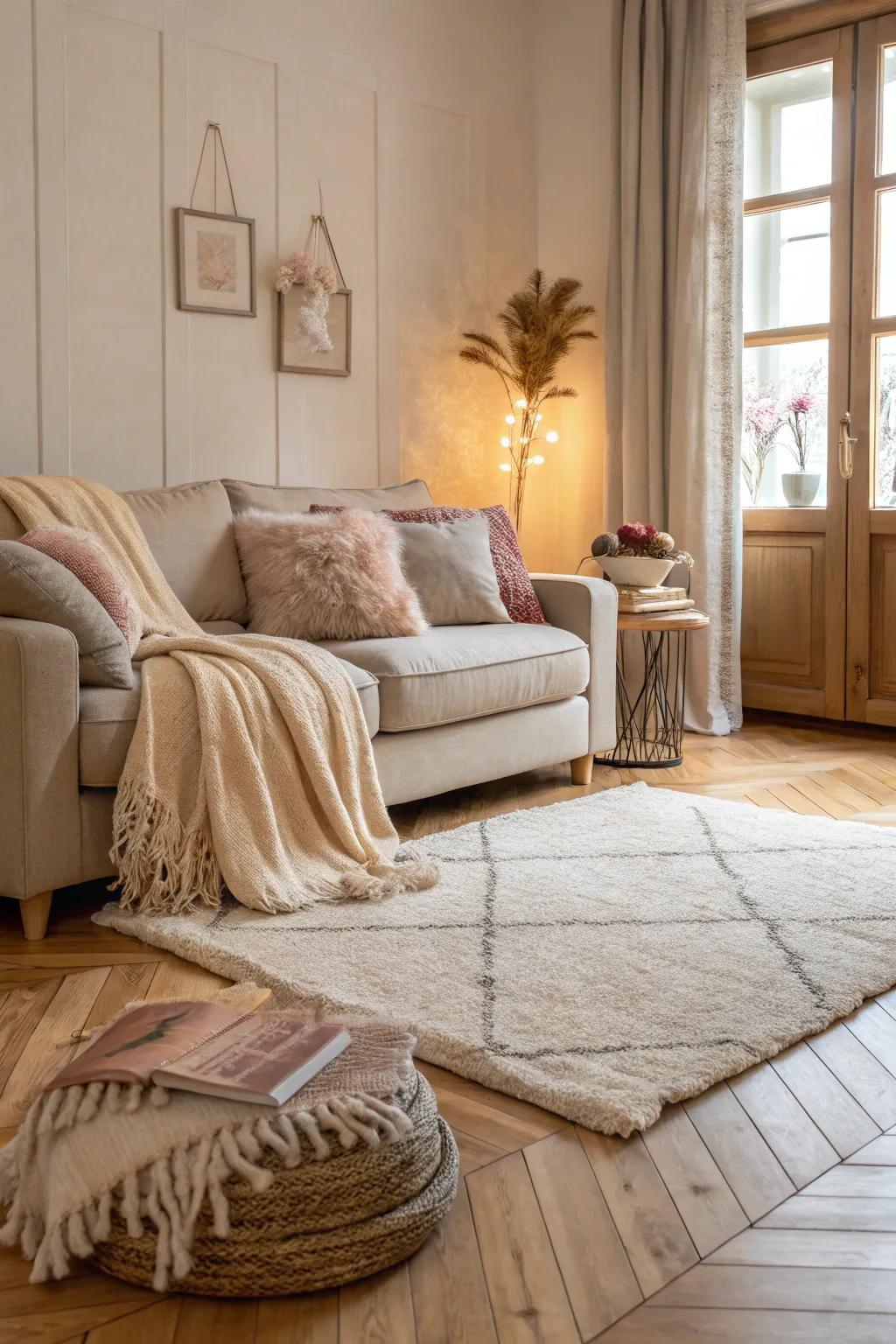 Comforting textures complement the warmth of bright timber floors.