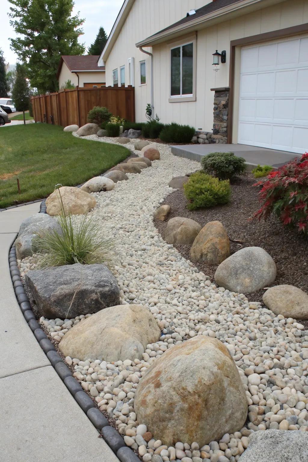 A modern front yard featuring a gravel bed and large stones for a stylish and low-maintenance design.