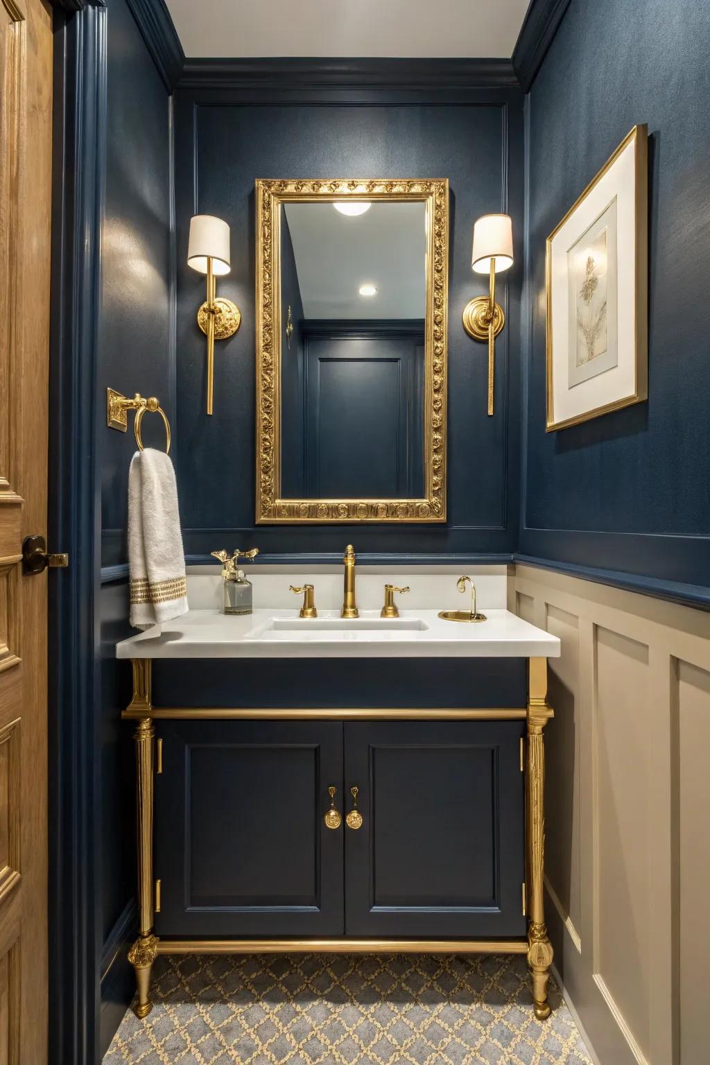 Gilded embellishments bring a hint of opulence to deep sea bathrooms.