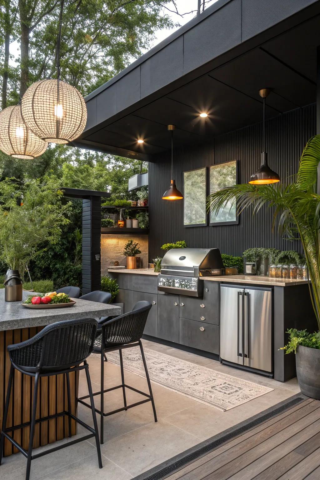 A smooth integration of bar and culinary area simplifies outdoor hosting.