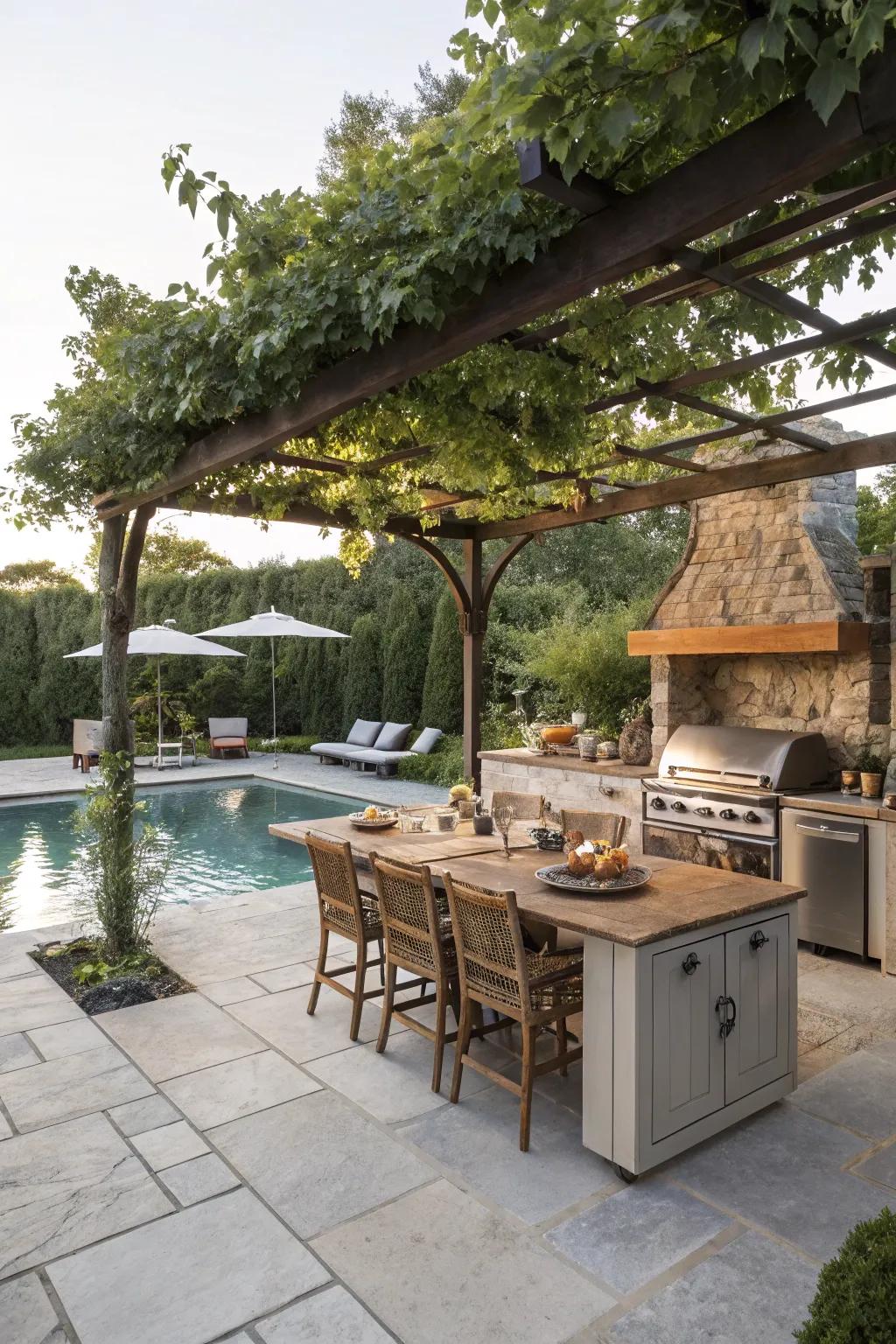 A pergola-covered outdoor kitchen set by a tranquil swimming pool.