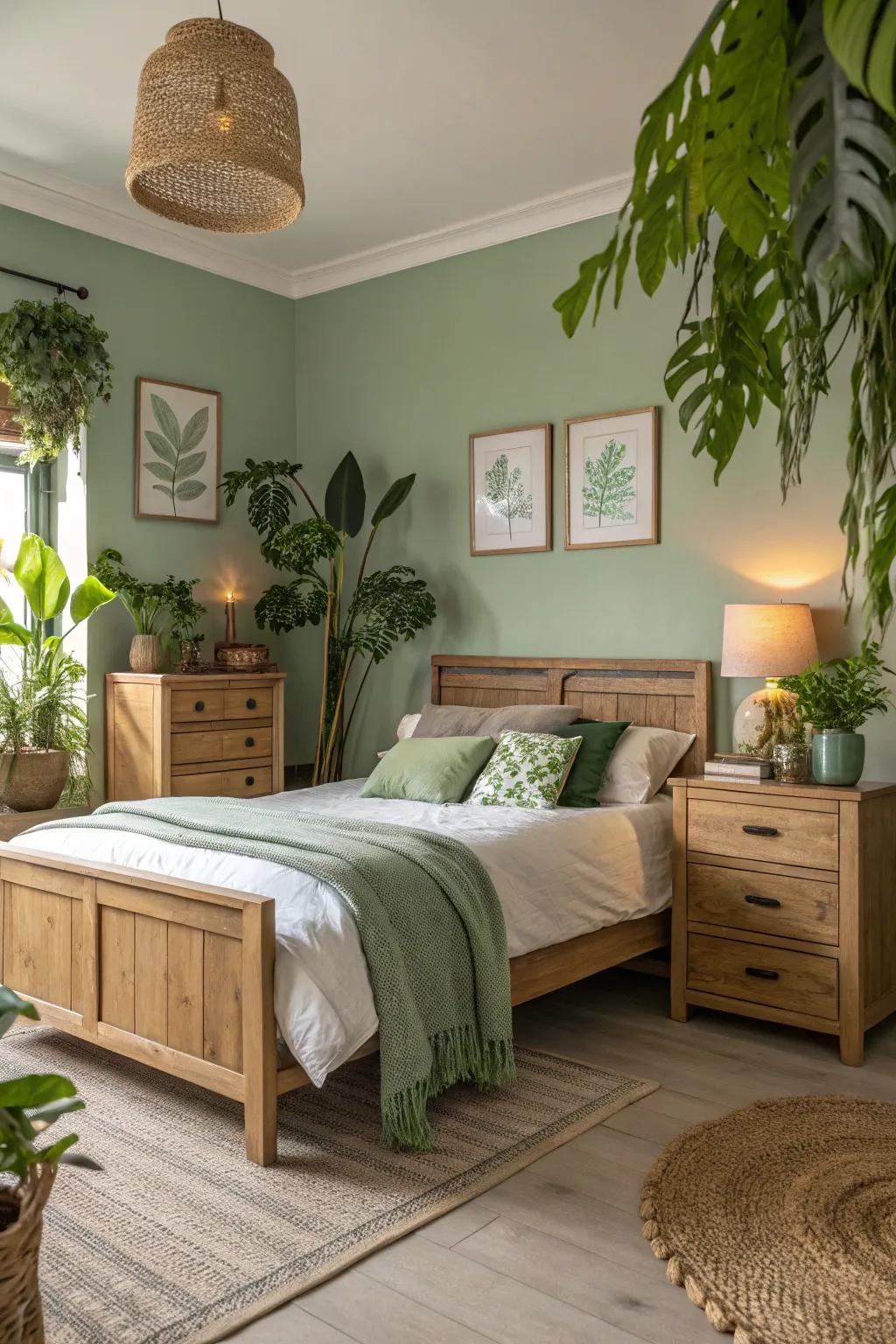 Sage green and unprocessed wood create a balanced and welcoming area.
