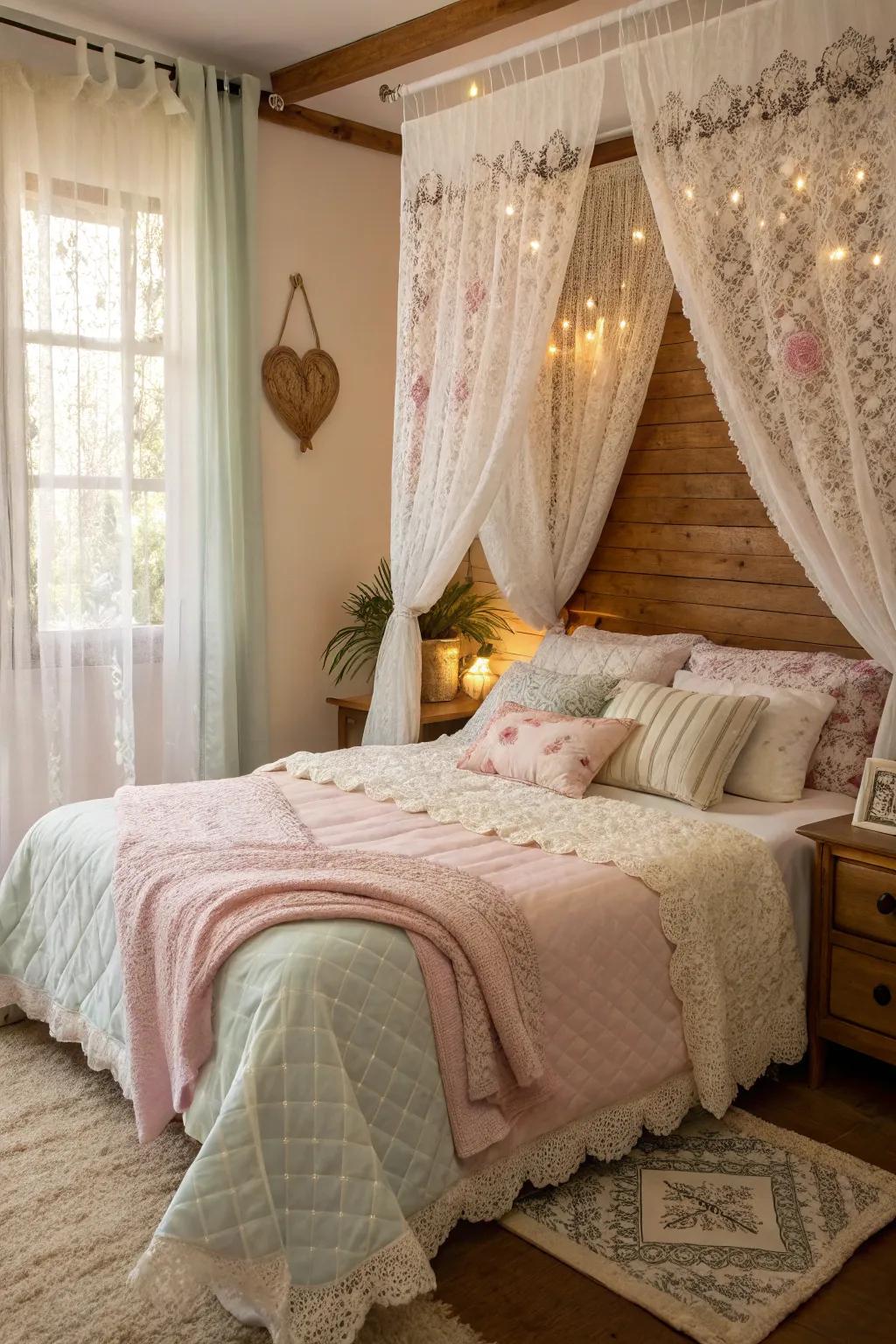 Delicate fabrics fashion a comfortable and welcoming atmosphere in a shabby chic bedroom.