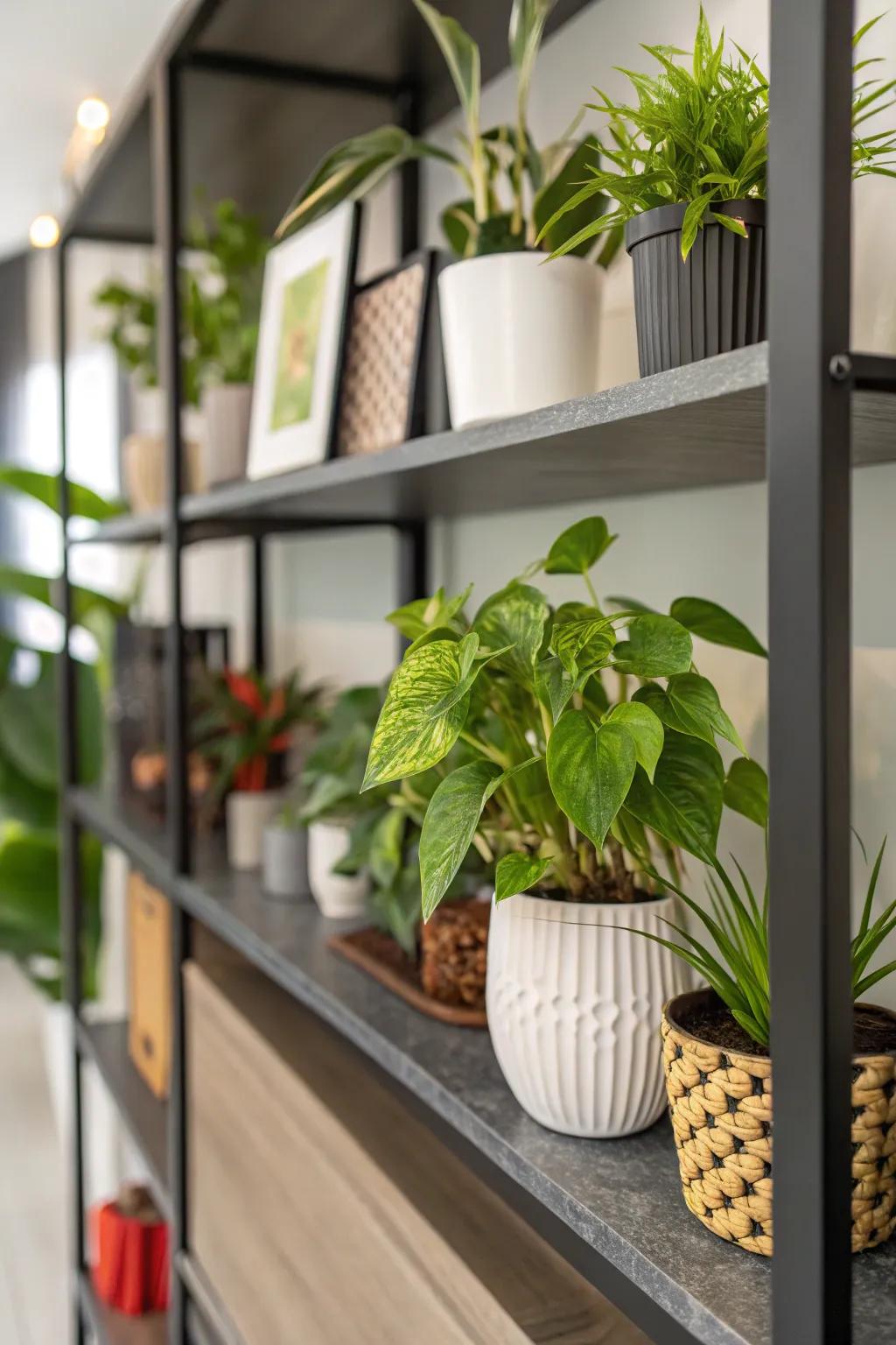 Invigorate your shelving with vibrant botanical elements.