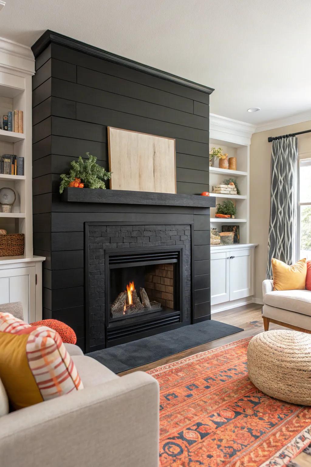 A contemporary living space featuring a dramatic matte black shiplap fireplace.
