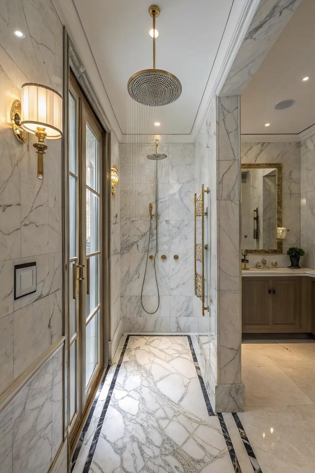 An opulent marble shower that emanates refinement and sophistication.