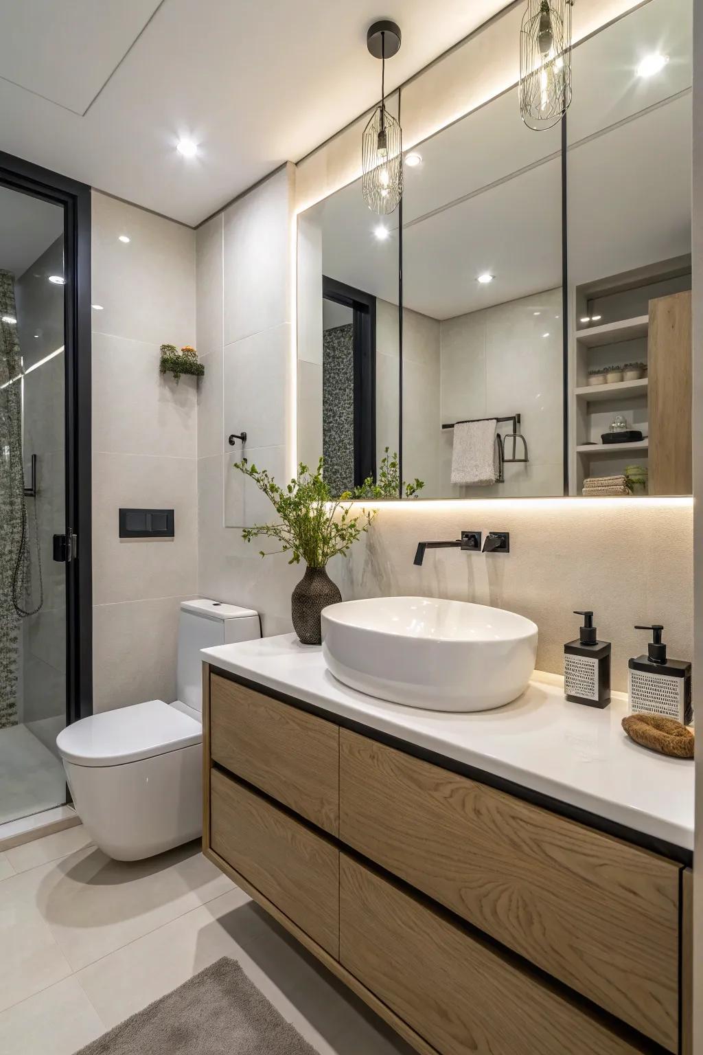 Modern fittings introduce a contemporary element to this compact bathroom.