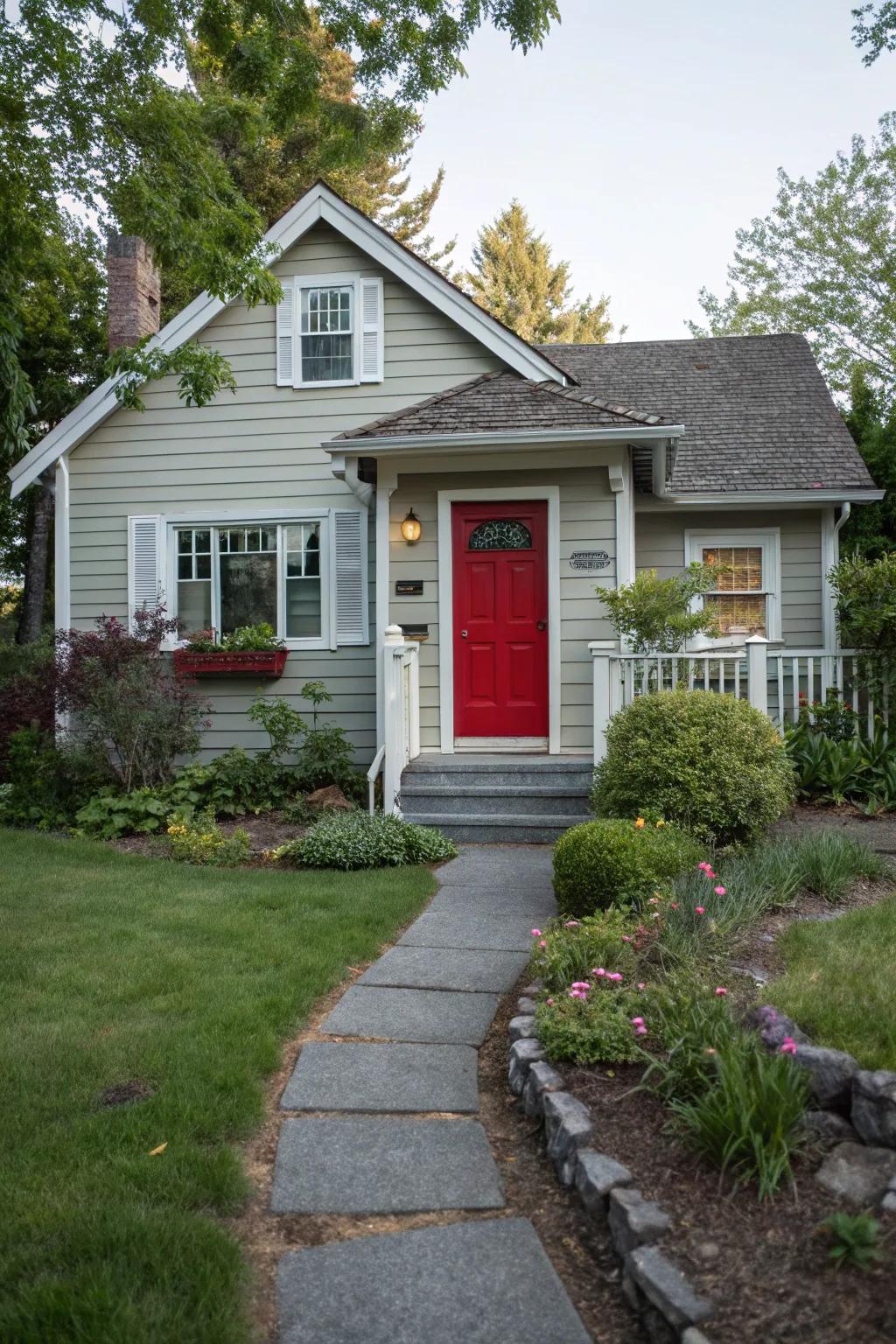Gentle gray partnered with a red door introduces a lively yet refined touch.