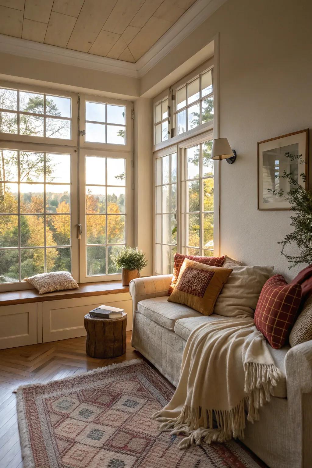 A small living room with generous windows maximizes the ingress of natural light.