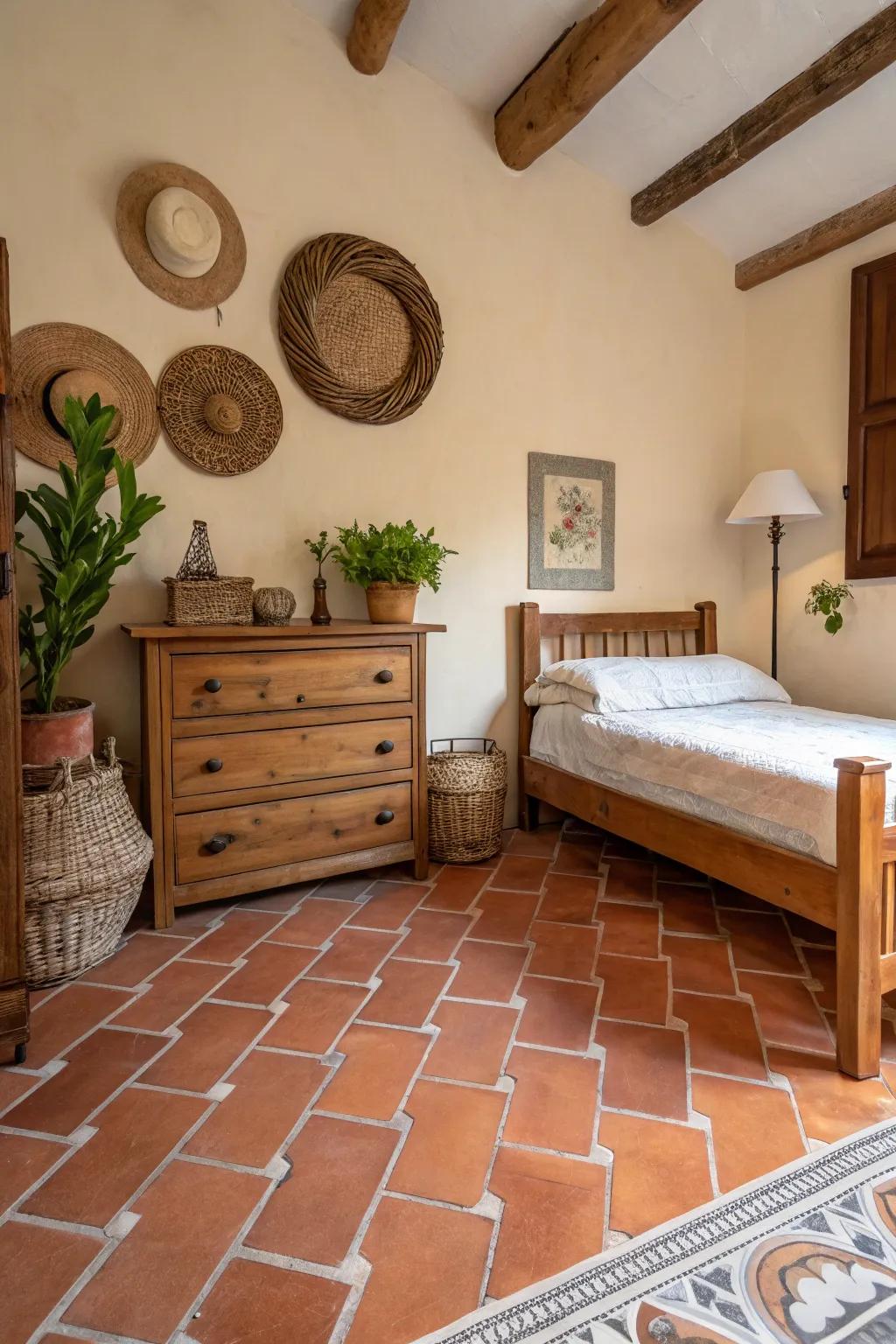 Baked clay tiles infuse warmth and texture into a modern Spanish bedroom.