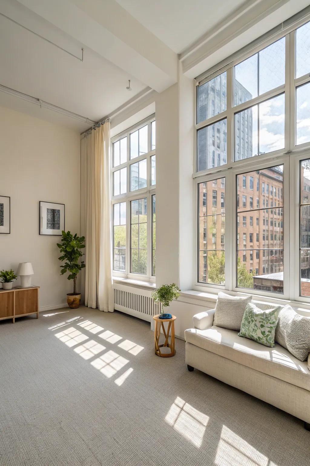 A light-filled studio apartment featuring large windows and light-colored walls that accentuate natural light.