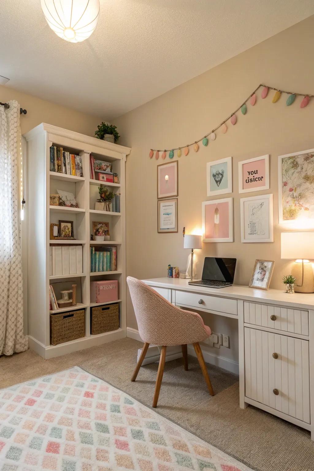 A serene study room featuring a balanced, neutral color scheme.