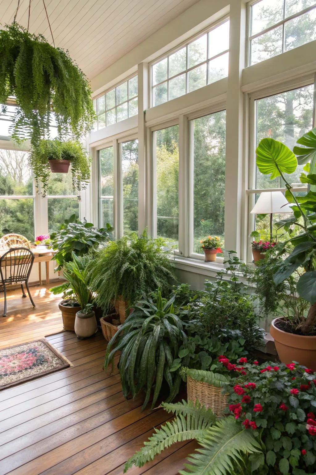 Lush greenery adds vibrancy and a natural touch to this modern sunroom.