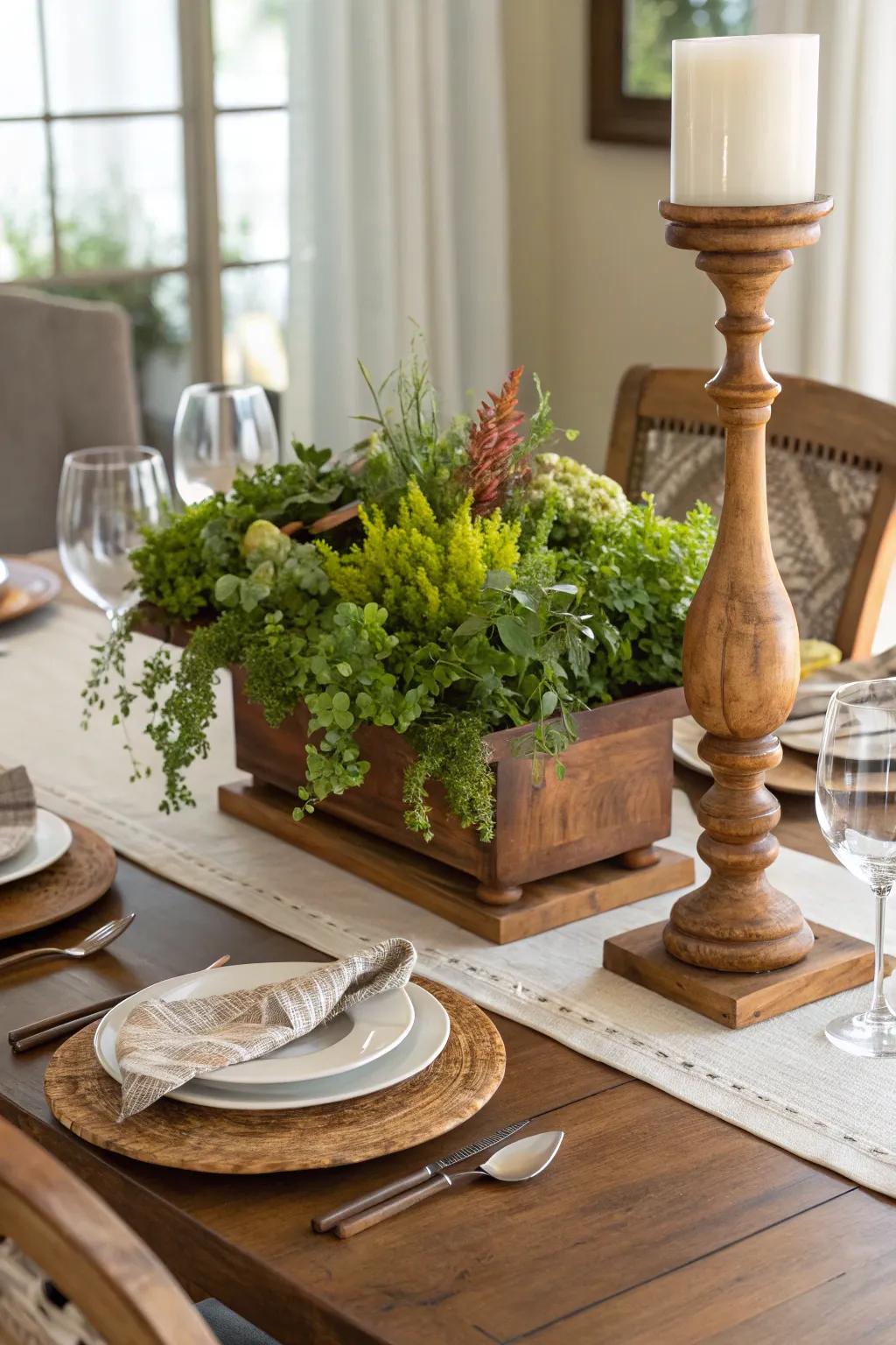Nature-inspired aspects infuse the table with warmth and dimension.