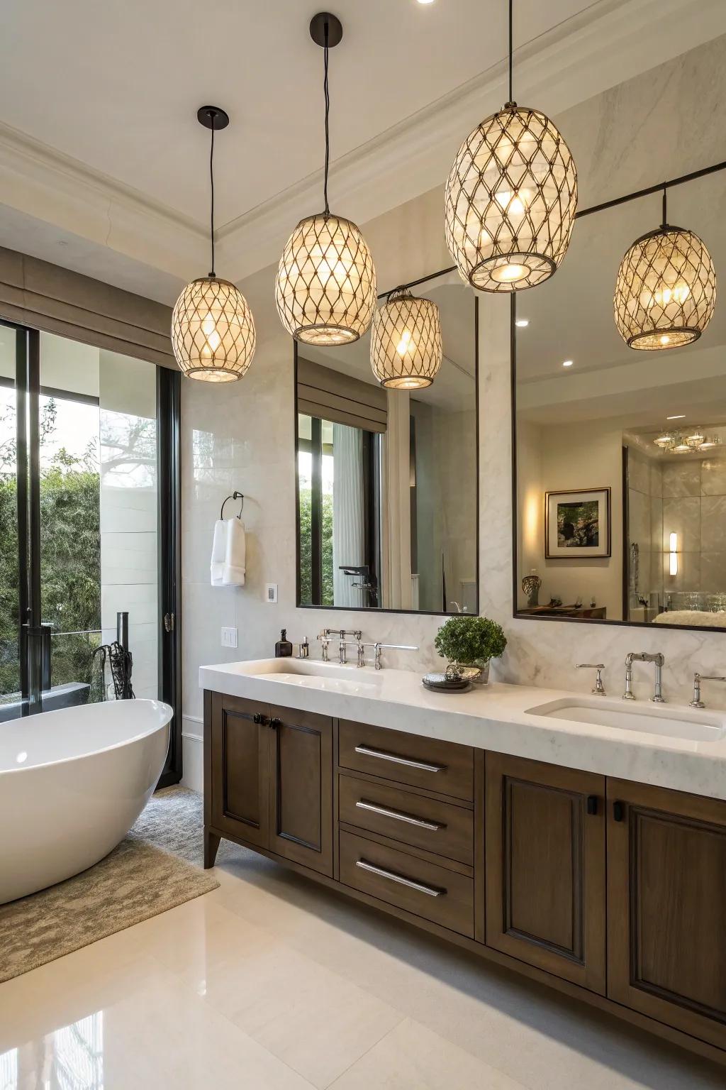Refined drop lights enhancing bathroom sophistication.