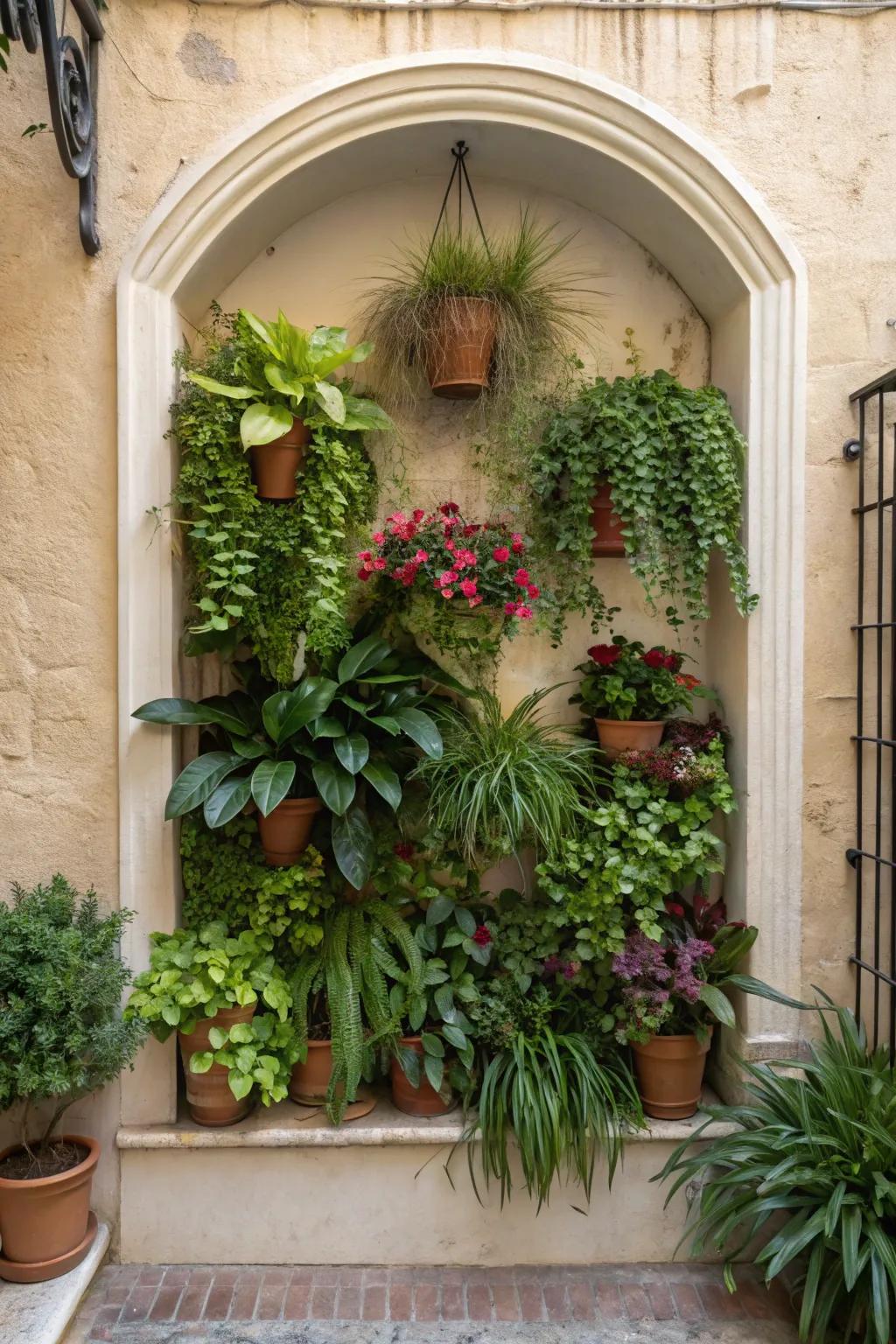 A wall niche enhanced with a vibrant plant arrangement, adding a dash of nature.