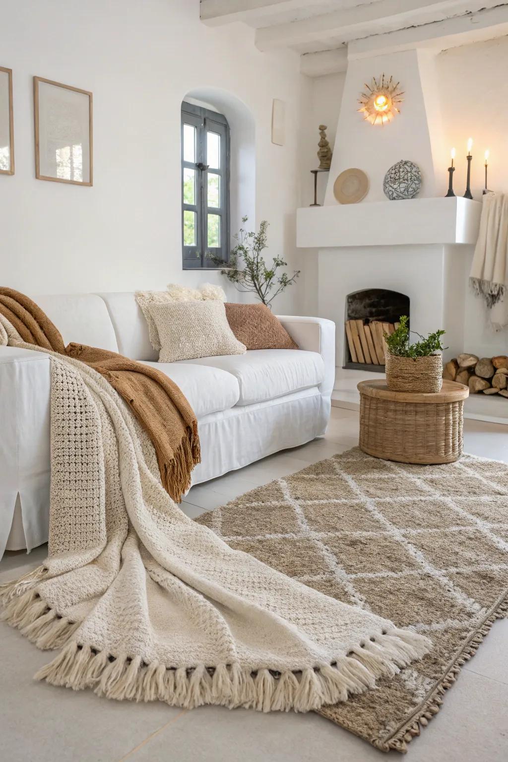Textural aspects such as carpets and throws add depth to a white living room.
