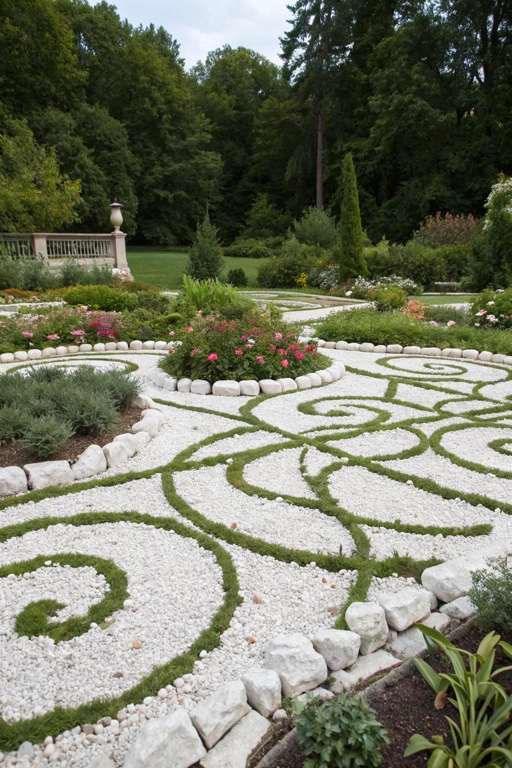 A garden highlighting symmetrical designs fashioned with white stones, contributing a modern artistic flair.